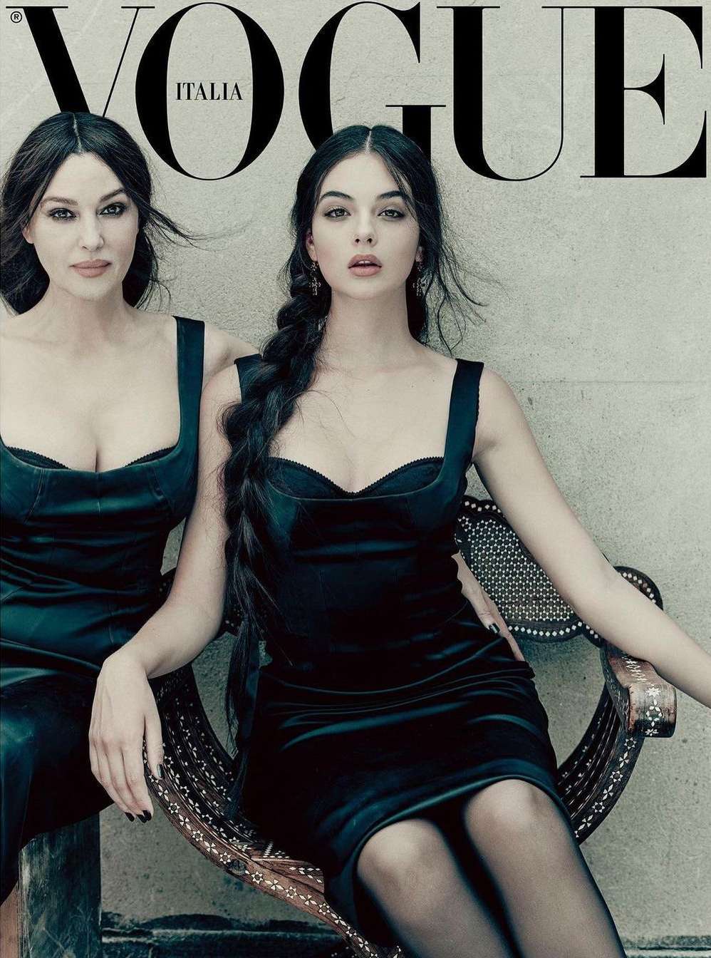 Vogue Italia cover featuring Monica Bellucci and Deva Cassel, a mother and daughter duo, posing in matching elegant black dresses.