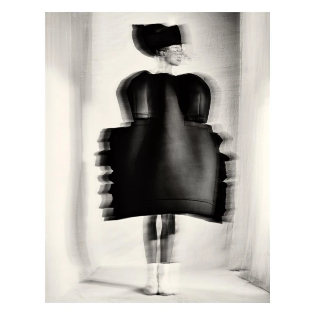 Abstract fashion photograph of an adult female wearing a black dress and hat, posed in an indoor setting with blurred motion effect.