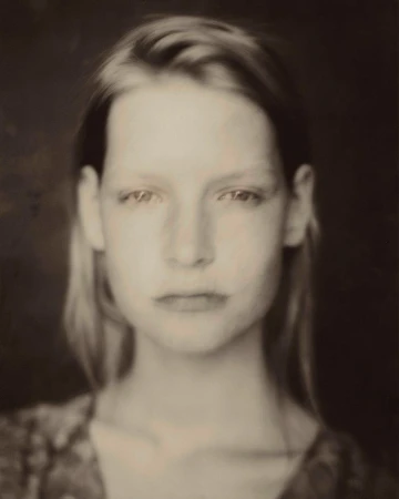 Portrait of a woman with long hair looking directly at the camera in a soft-focus sepia-toned vintage style.