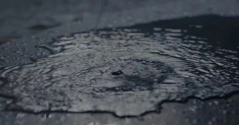 Close-up of water on dark pavement, creating ripples and reflections in natural light. The scene has a dark, wet, and moody aesthetic.