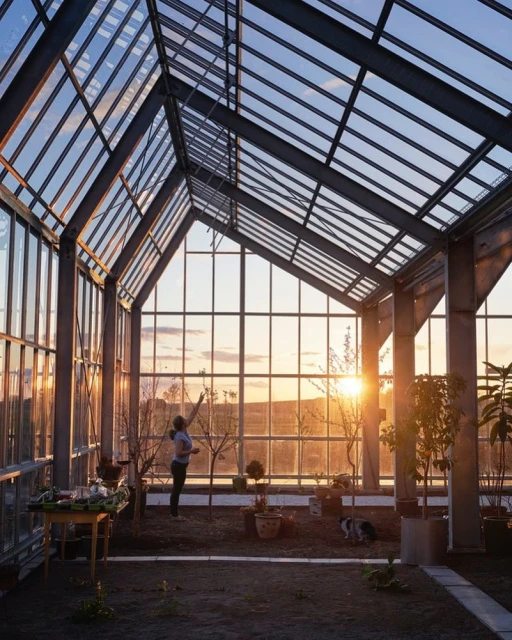 Woman tending plants inside a greenhouse with glass walls and roof at sunset. Plants, table, and a cat are also visible inside.