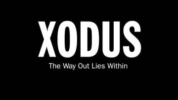 White text on a black background features the word "XODUS" in a large sans-serif font, with the tagline "The Way Out Lies Within."