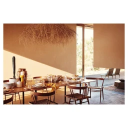 A wooden dining table set with glassware, plates, and a potted cactus under a large straw pendant light in a sunlit interior.
