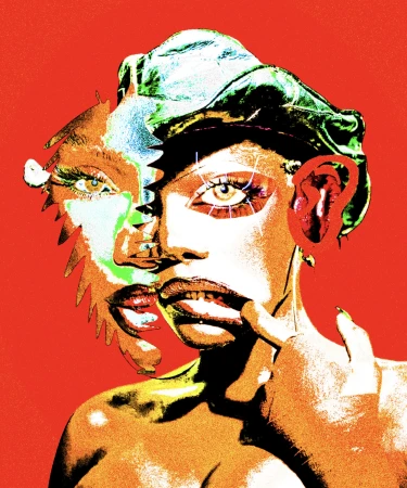 High contrast digital art portrait of a woman with green hat against a vivid red background by artist Marina Negrescu