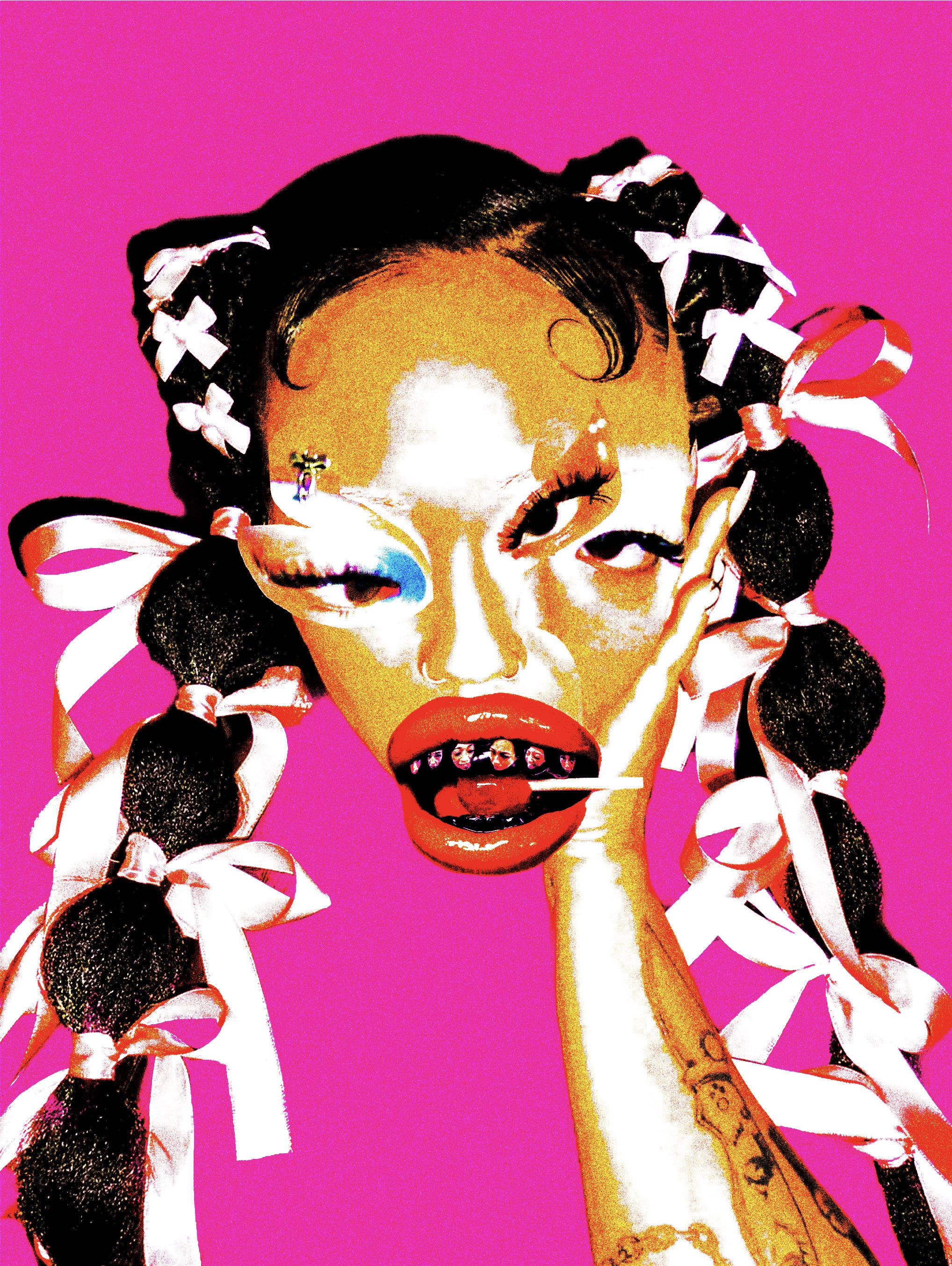 Close-up digital portrait of a woman with braided hair and pink ribbons against a vibrant hot pink background by Marina Negrescu.