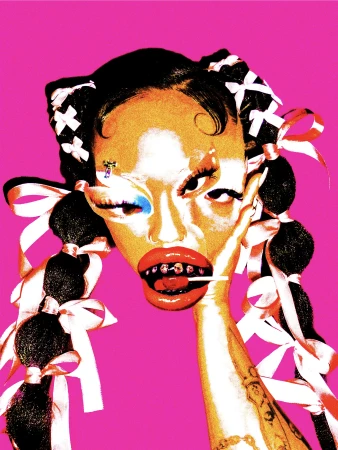 Close-up digital portrait of a woman with braided hair and pink ribbons against a vibrant hot pink background by Marina Negrescu.