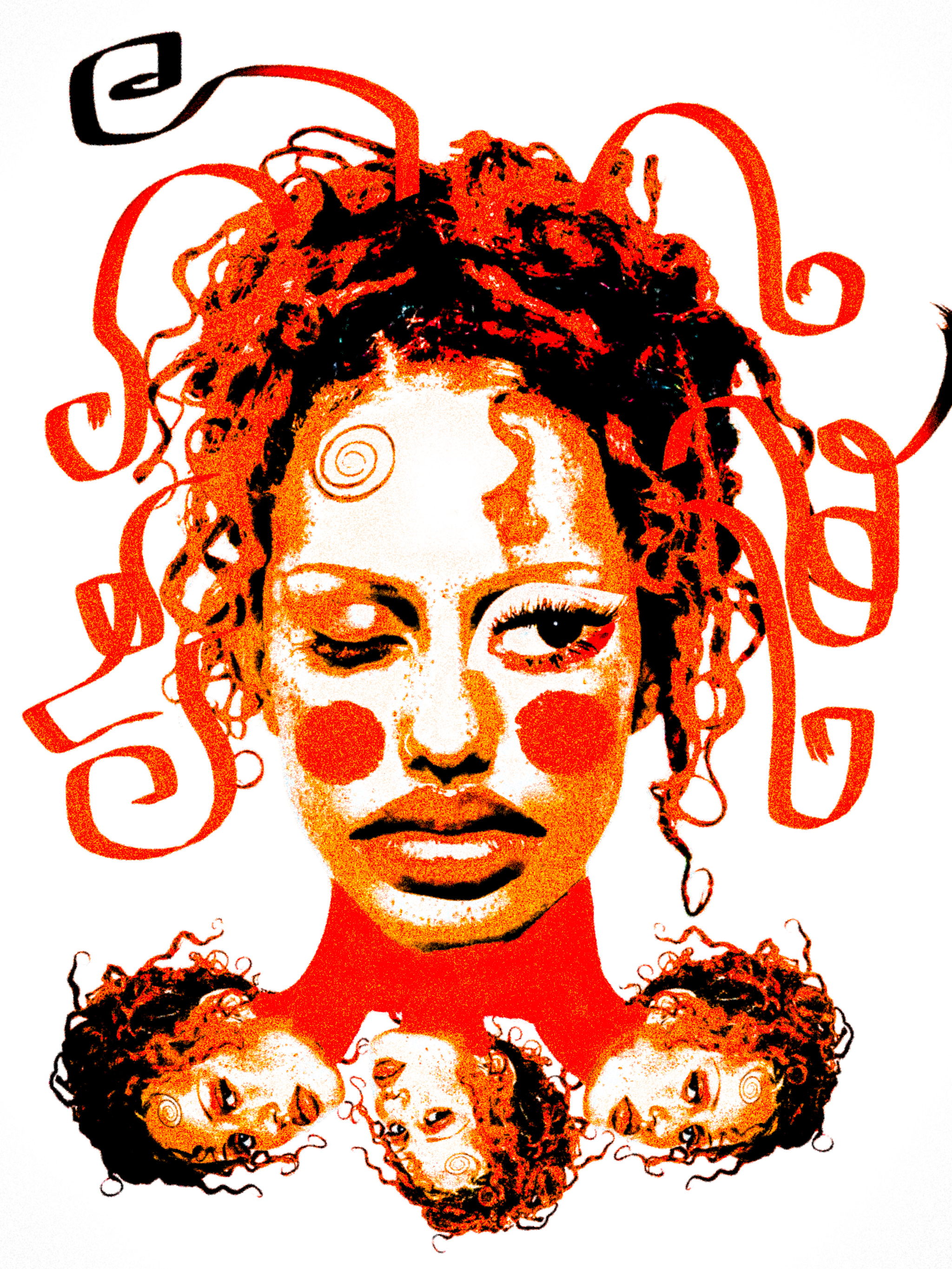 Portrait illustration in red and white featuring a central female face surrounded by swirling ribbon motifs and smaller subordinate heads below.