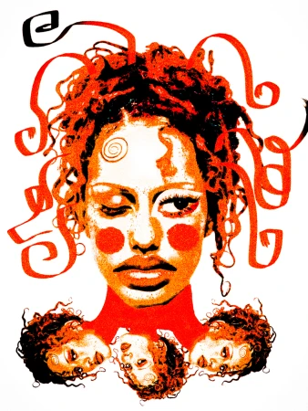 Portrait illustration in red and white featuring a central female face surrounded by swirling ribbon motifs and smaller subordinate heads below.