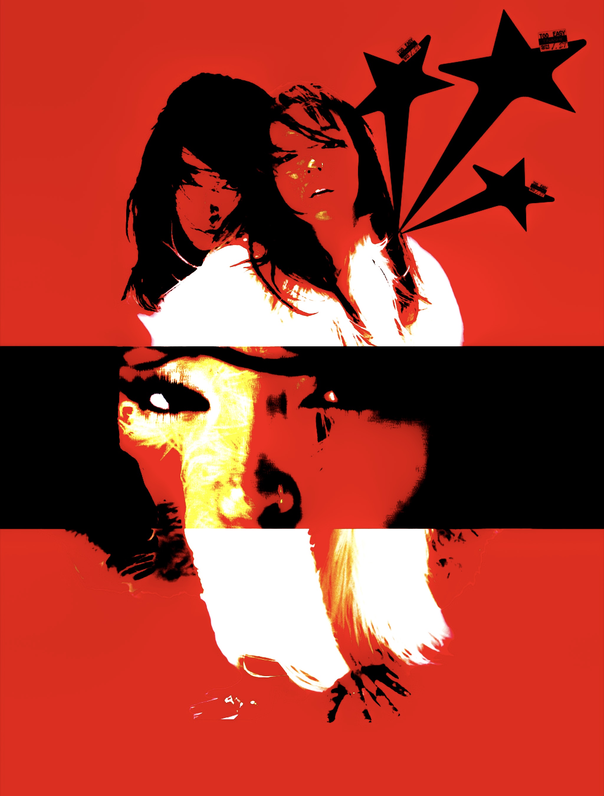 High-contrast graphic portrait in red, black, and white featuring layered women's faces and star motifs by Marina Negrescu.