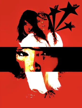 High-contrast graphic portrait in red, black, and white featuring layered women's faces and star motifs by Marina Negrescu.