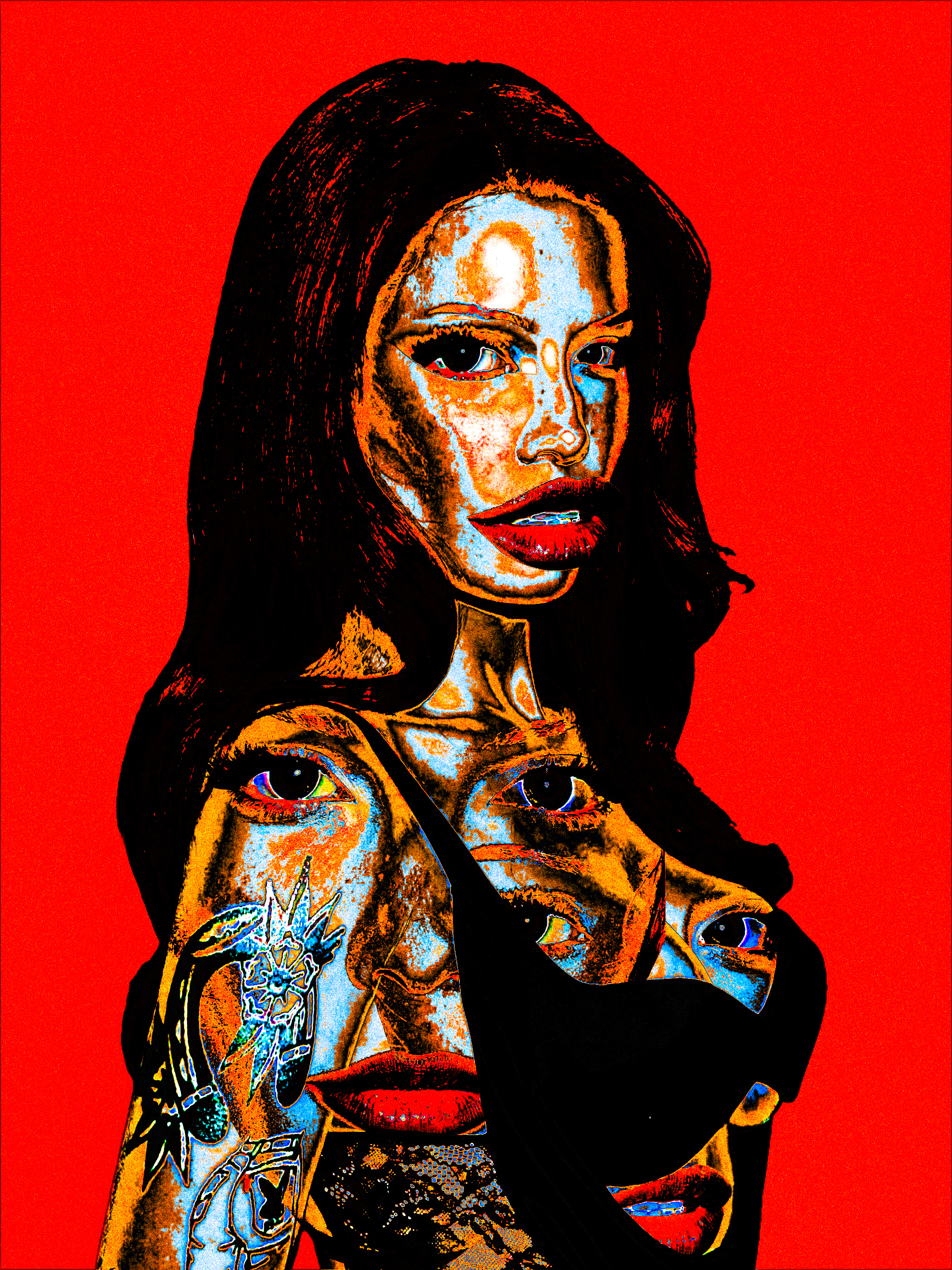 Digital collage portrait of a woman with layered facial features and red lips against a vivid red background by artist Marina Negrescu.