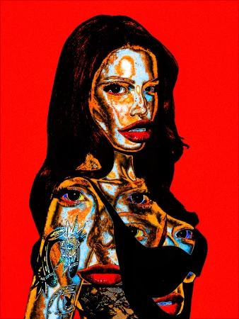 Digital collage portrait of a woman with layered facial features and red lips against a vivid red background by artist Marina Negrescu.
