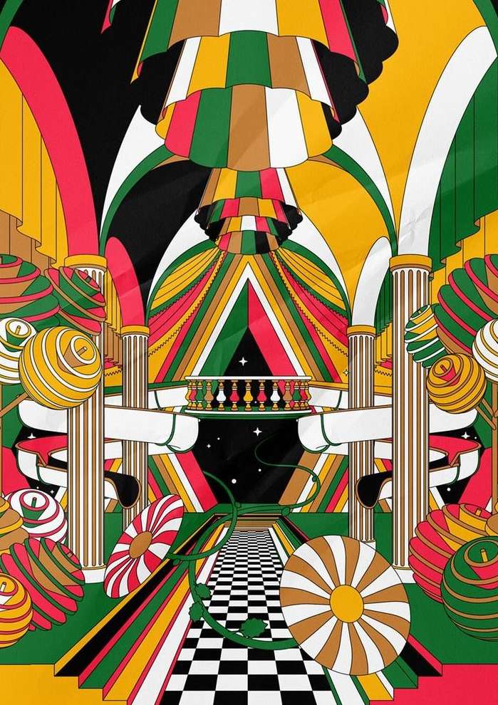 Psychedelic illustration featuring a hall with a checkerboard floor, columns, and decorative spheres in green, red, and yellow tones.