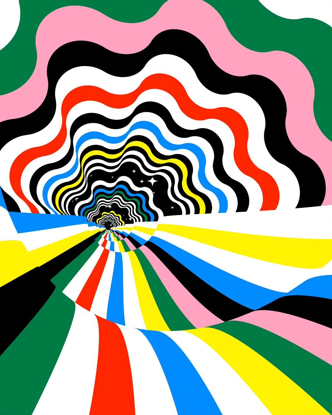 Abstract illustration featuring colorful wavy lines, black background with white stars, and perspective view into vanishing point.