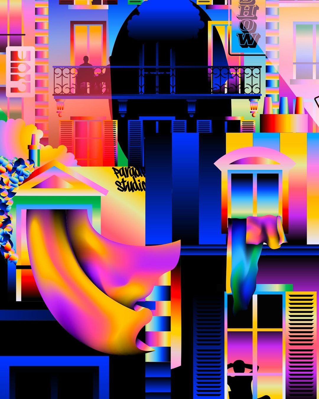 Stylized digital art featuring abstract building facades with windows, balconies, and silhouettes of people in vibrant color gradients.