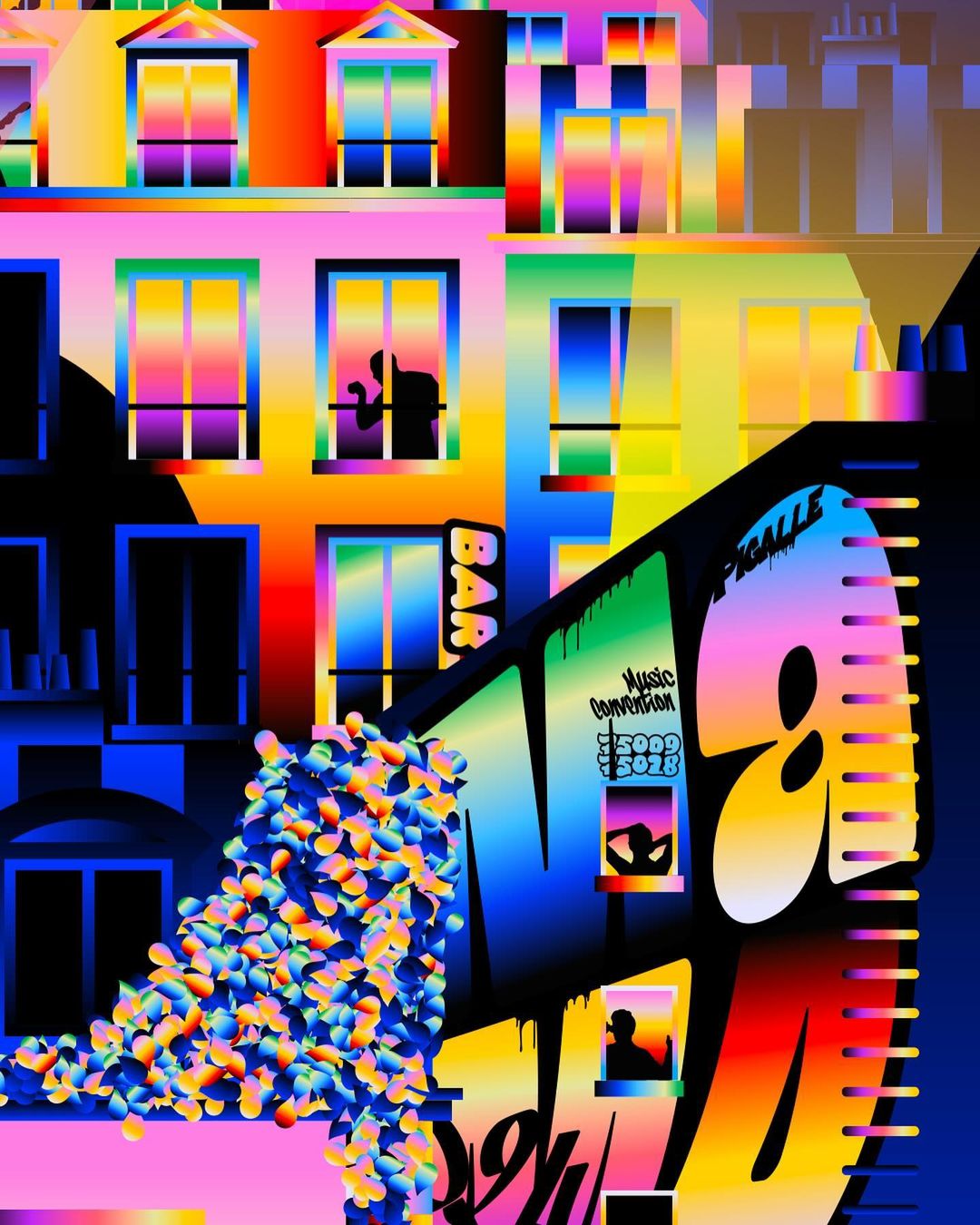 Vibrant illustration of colorful buildings with windows, with text overlay and confetti-like elements, creating a lively urban scene.