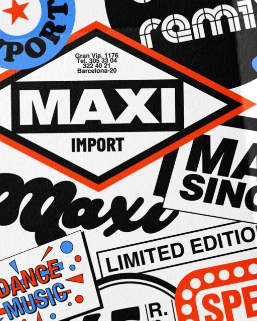Collage of vintage-style music and import label stickers featuring bold black and red typography on a white background.
