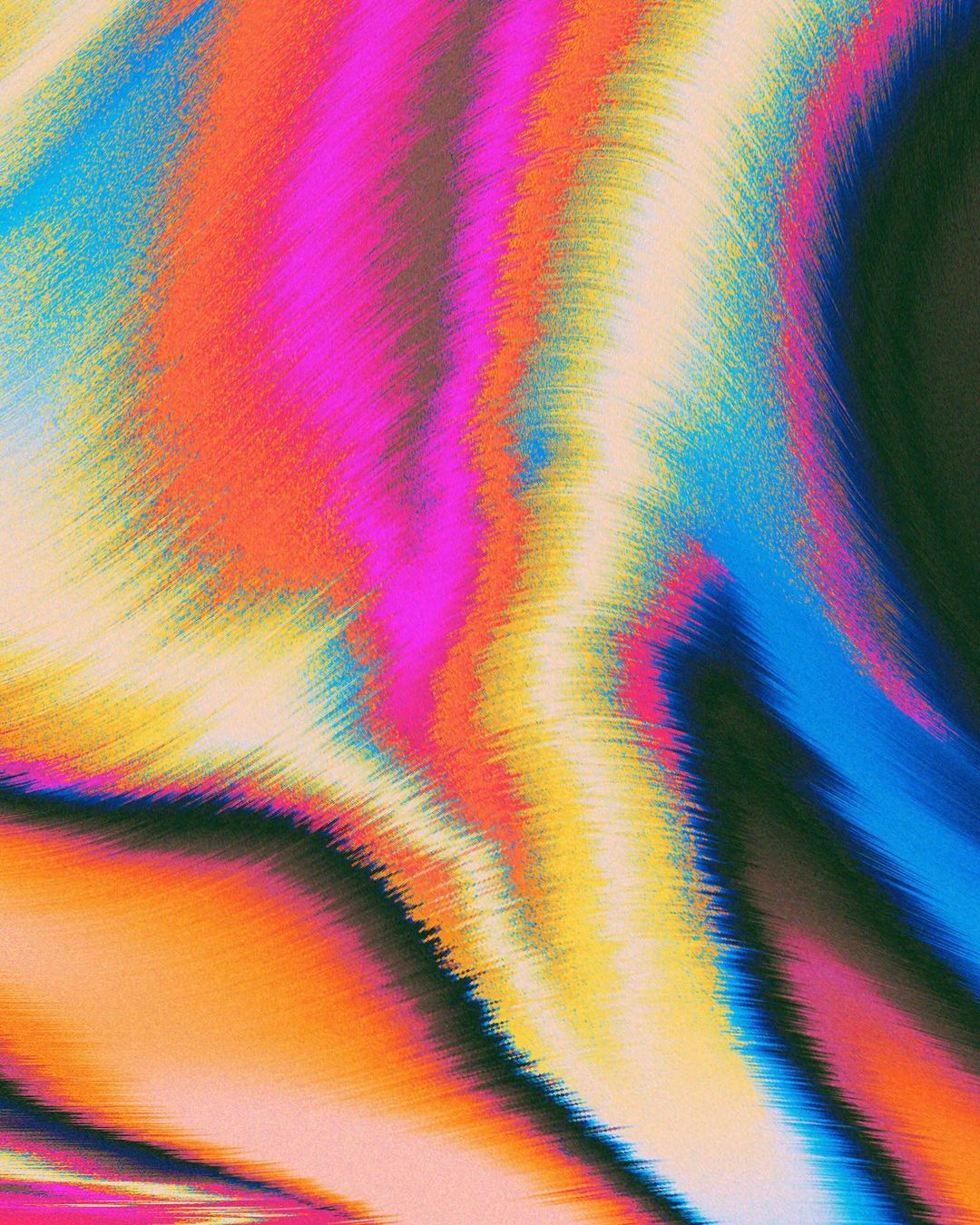 Abstract multicolored art with pixel sorting effect featuring shades of orange, yellow, pink, blue, and black.