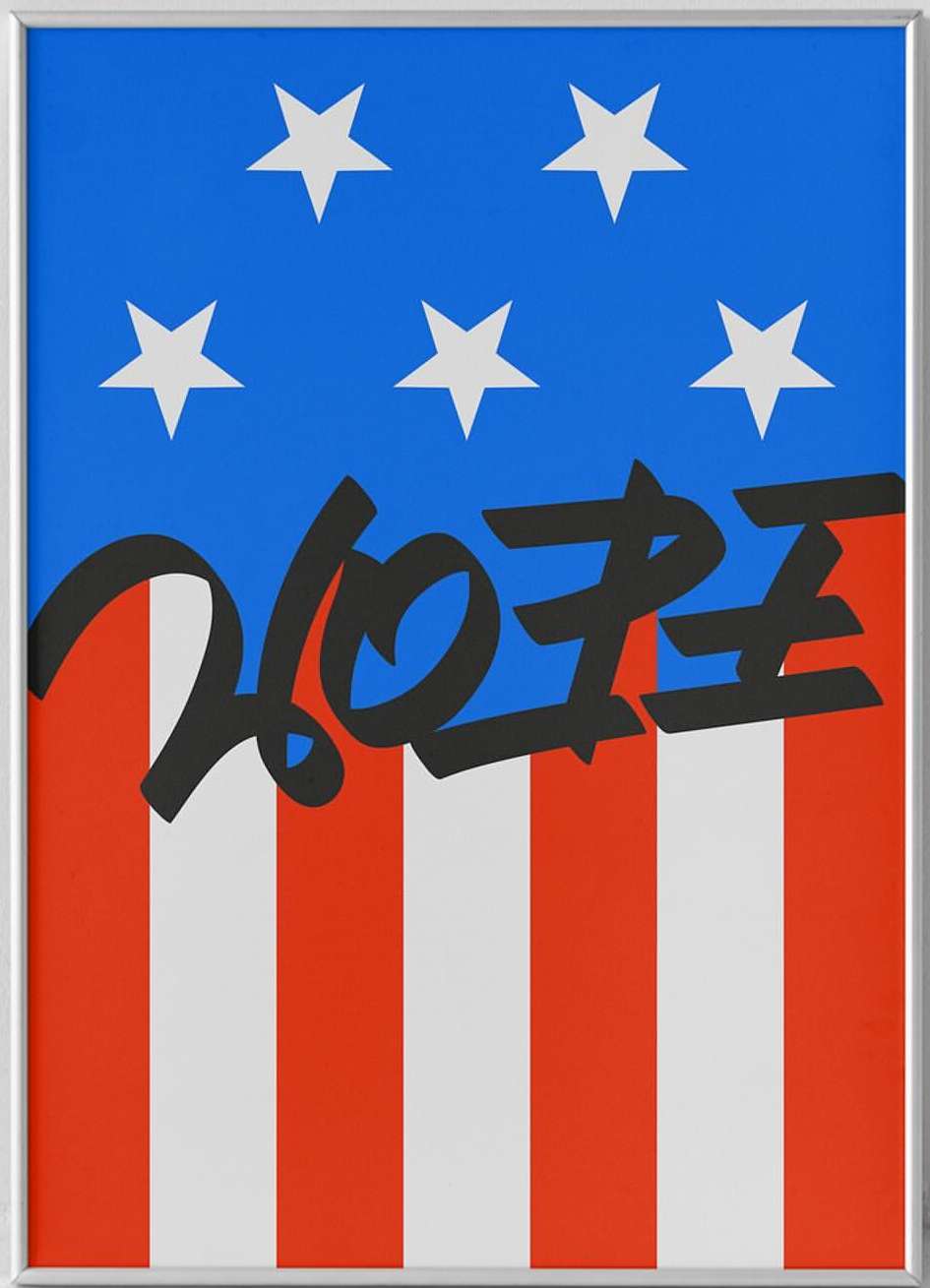 Digital artwork showcasing an American flag design with blue field and white stars above red and white stripes, overlaid with 'HOPE' in bold.