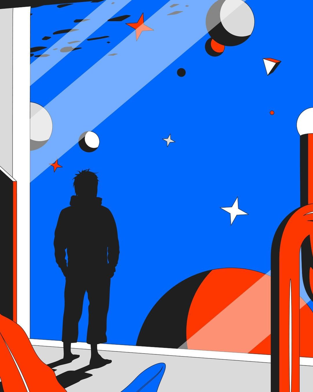 Silhouette of an adult male looking out a large window at a space-themed digital illustration with stars and planets in blue and red tones.
