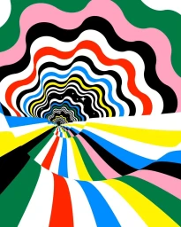 Colorful psychedelic wavy tunnel illustration with concentric rainbow stripes converging towards a starry black center.