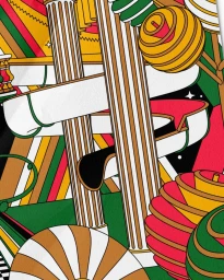 Colorful vector illustration by Parade Studio featuring architectural columns, rounded abstract shapes, and vibrant stripes.