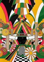 Surreal digital illustration featuring ornate multicolored architectural arches, checkered pathways, and whimsical hanging decorations.
