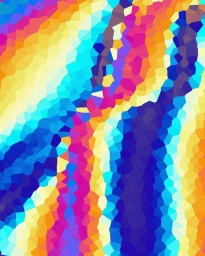 Colorful mosaic pattern illustration with vibrant yellow, orange, pink, and blue interlocking polygonal tiles.