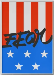 Digital illustration by Parade Studio featuring the word fear in bold black script over red and white stripes and blue stars.