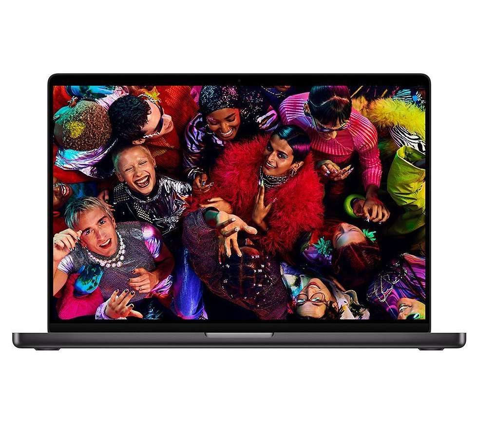 Laptop screen displaying a large group of people with colorful clothing, make-up, and accessories, viewed from an overhead angle.