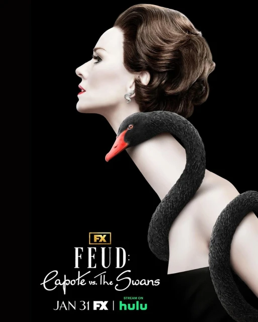 Poster for 'Feud: Capote vs. The Swans' features a woman in profile with elegant hair and a black swan wrapped around her neck.