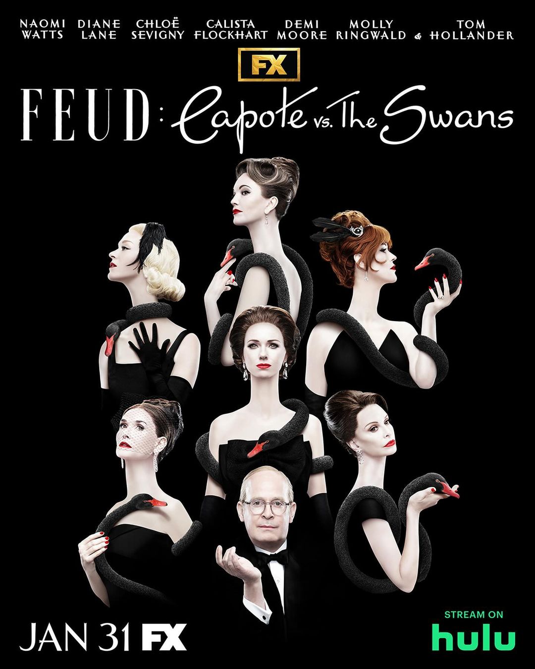Promotional poster for Feud: Capote vs. The Swans featuring Naomi Watts, Diane Lane, Chloe Sevigny and others wearing black gowns. 