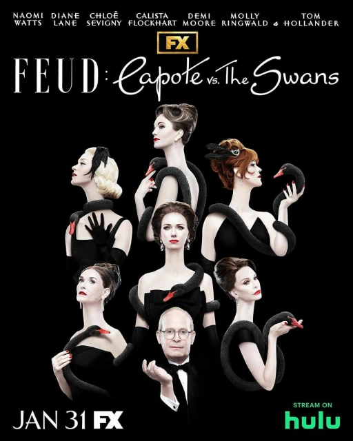 Promotional poster for Feud: Capote vs. The Swans featuring Naomi Watts, Diane Lane, Chloe Sevigny and others wearing black gowns. 