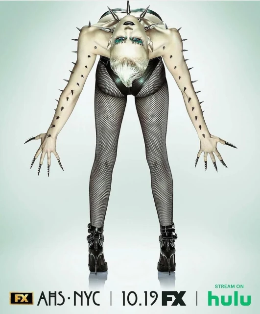 Conceptual image of a fair-skinned human figure with spines, upside-down pose, leather-look outfit, fishnet stockings, and black high heels.