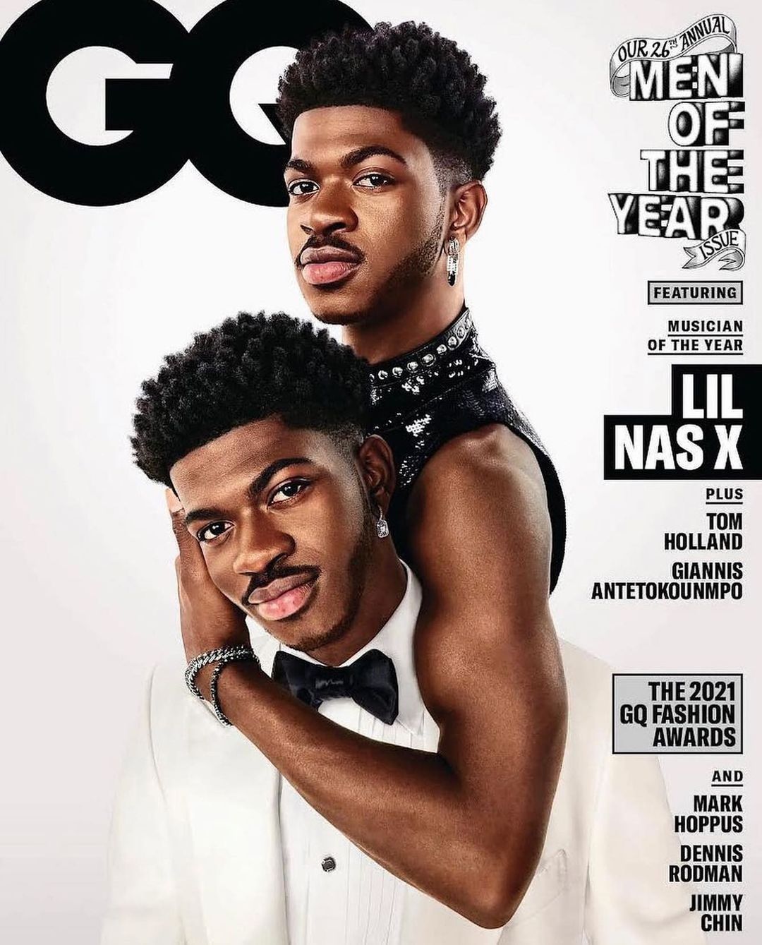 GQ magazine cover featuring Lil Nas X, showcasing dual portraits in a white suit with a bow tie and a sequined top against a light background.