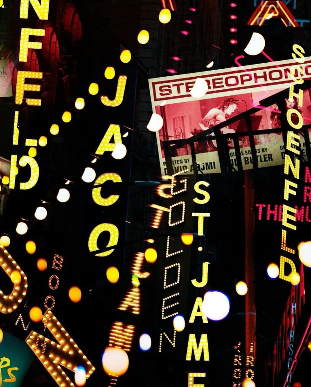 Night scene with vibrant, glowing neon signs illuminating the darkness, showcasing lettering and vintage concert poster with singer, and retro aesthetic.