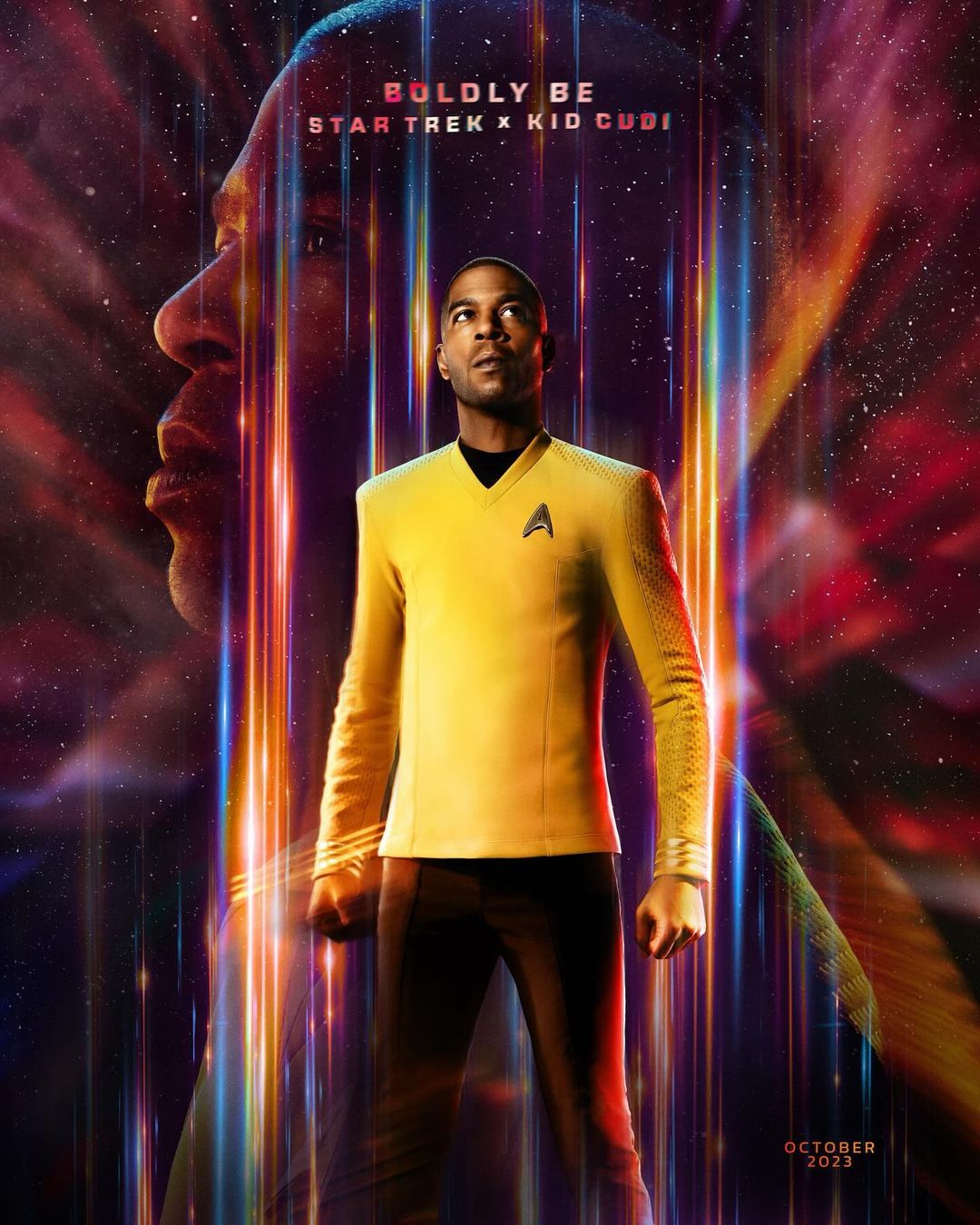 A cinematic promotional image features actor in Starfleet uniform over a cosmic background, advertising Star Trek and Kid Cudi collaboration.