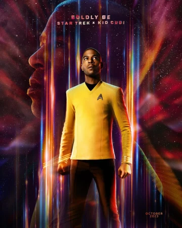 A cinematic promotional image features actor in Starfleet uniform over a cosmic background, advertising Star Trek and Kid Cudi collaboration.
