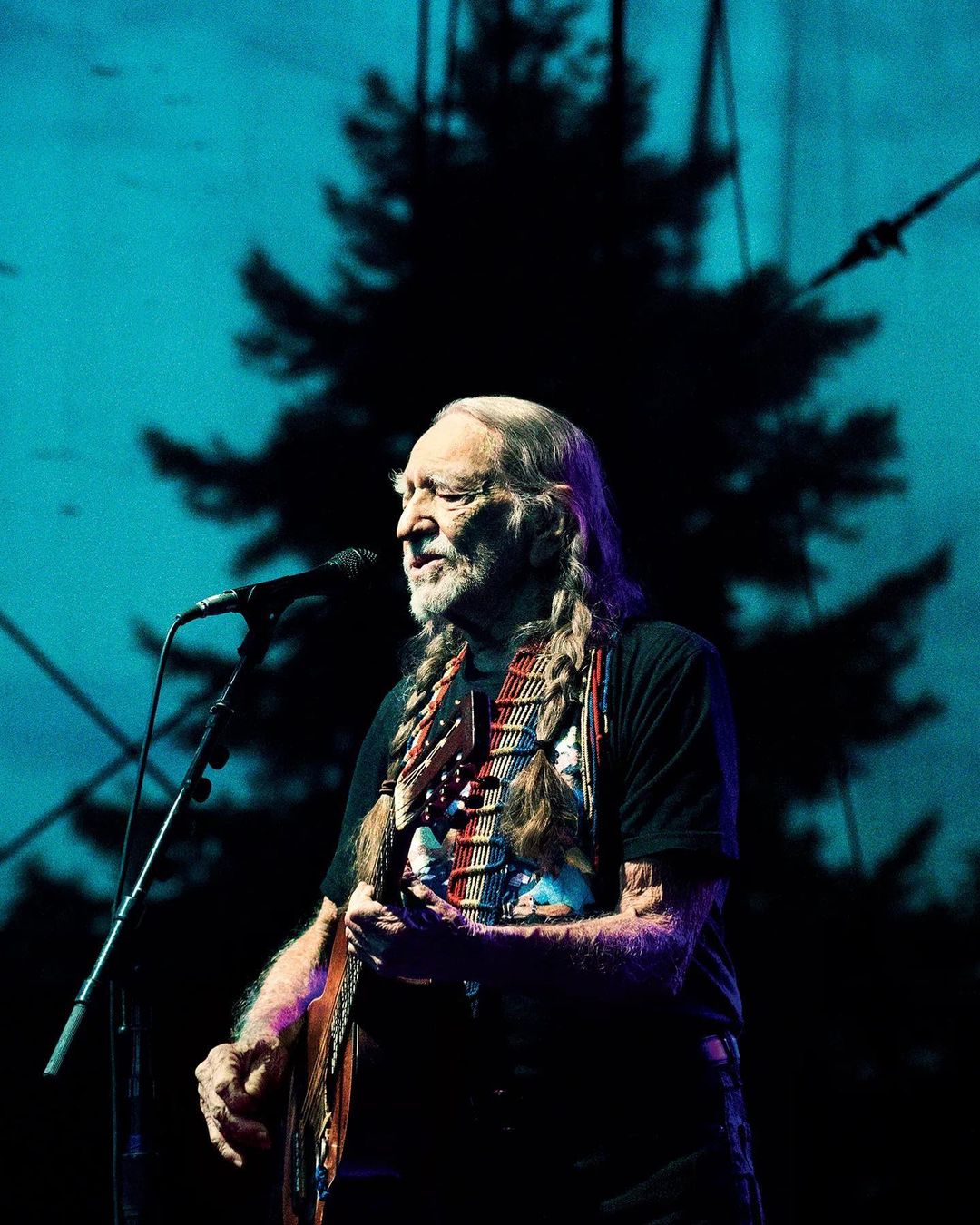 Willie Nelson performs on stage with guitar, singing into a microphone. Silhouette of a tree in blue lighting background.