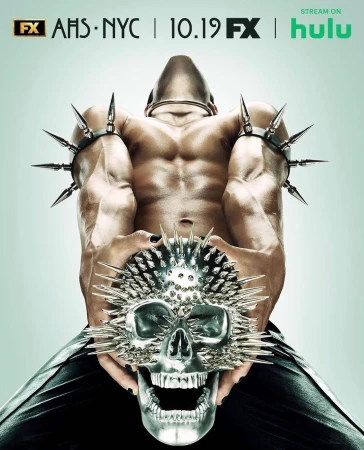 American Horror Story NYC poster featuring a shirtless bodybuilder with spikes, holding a spiked skull mask, advertising the show.