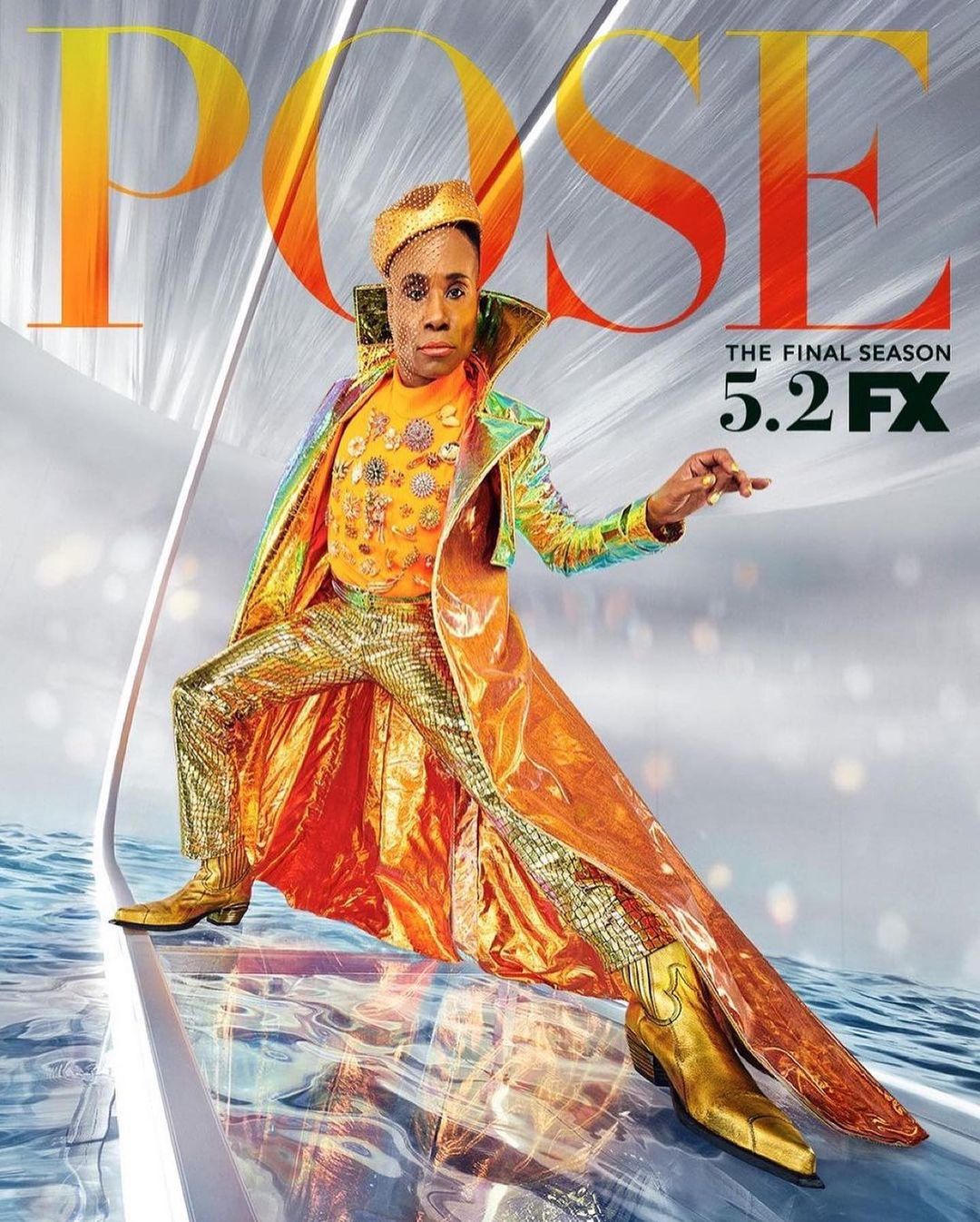 Promotional image for Pose: The Final Season features an adult male wearing a gold hat, patterned clothing and shiny orange coat on water.