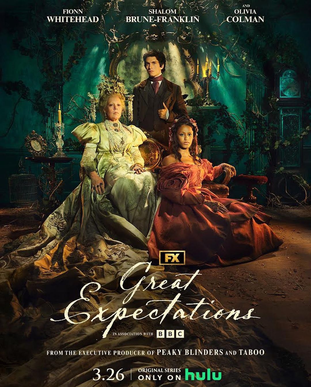 Promotional poster for 'Great Expectations' features Olivia Colman and other cast members in period costumes within an ornate setting.