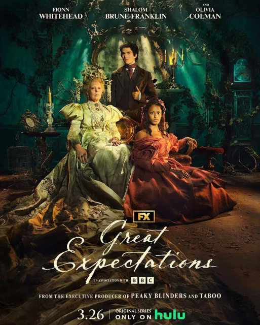 Promotional poster for 'Great Expectations' features Olivia Colman and other cast members in period costumes within an ornate setting.