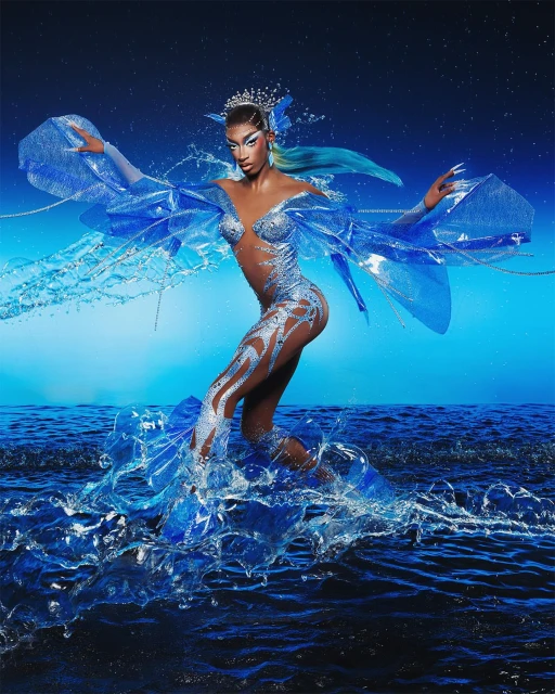 Dark-skinned fashion model in blue body paint and couture water costume with ocean waves, and a tiara against a blue gradient background.