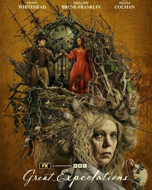 Movie poster for Great Expectations featuring actors Fionn Whitehead, Shalom Brune-Franklin, and Olivia Colman, with a surreal clock and root design.