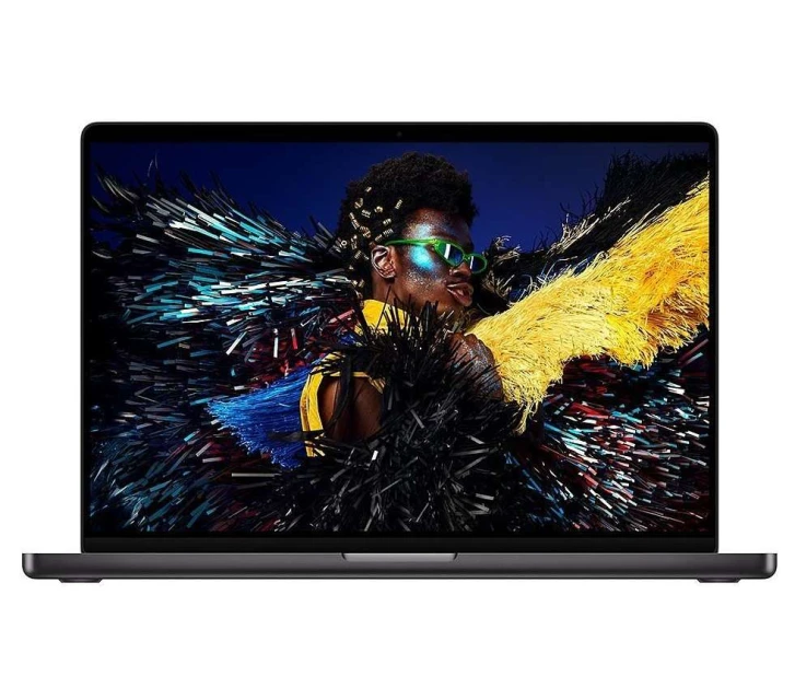 Laptop displaying a person with elaborate makeup and costume, set against a deep blue backdrop, with dynamic abstract elements.