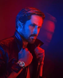 Portrait of Ryan Gosling in a dark leather jacket holding his collar under dramatic red and blue studio lighting.