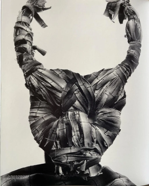 Monochrome image of a mask-like head covering made of woven material, featuring prominent curved horns, set against a light background.