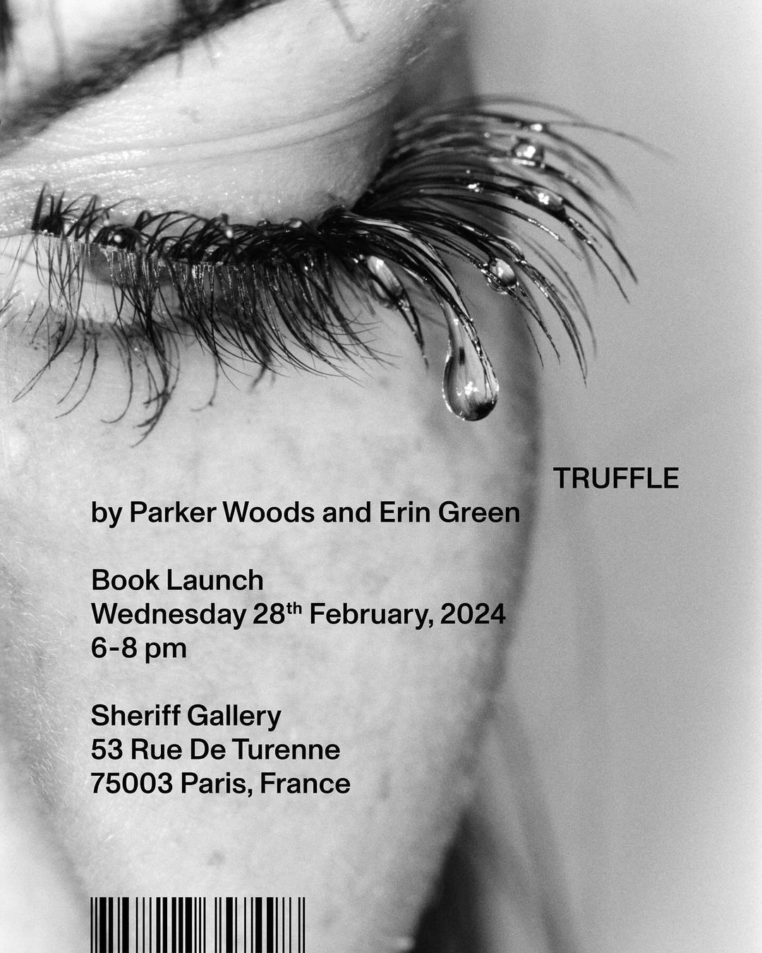 Dramatic close-up of an eye with water droplets on the lashes, presented in monochrome. Image includes text for a book launch event.