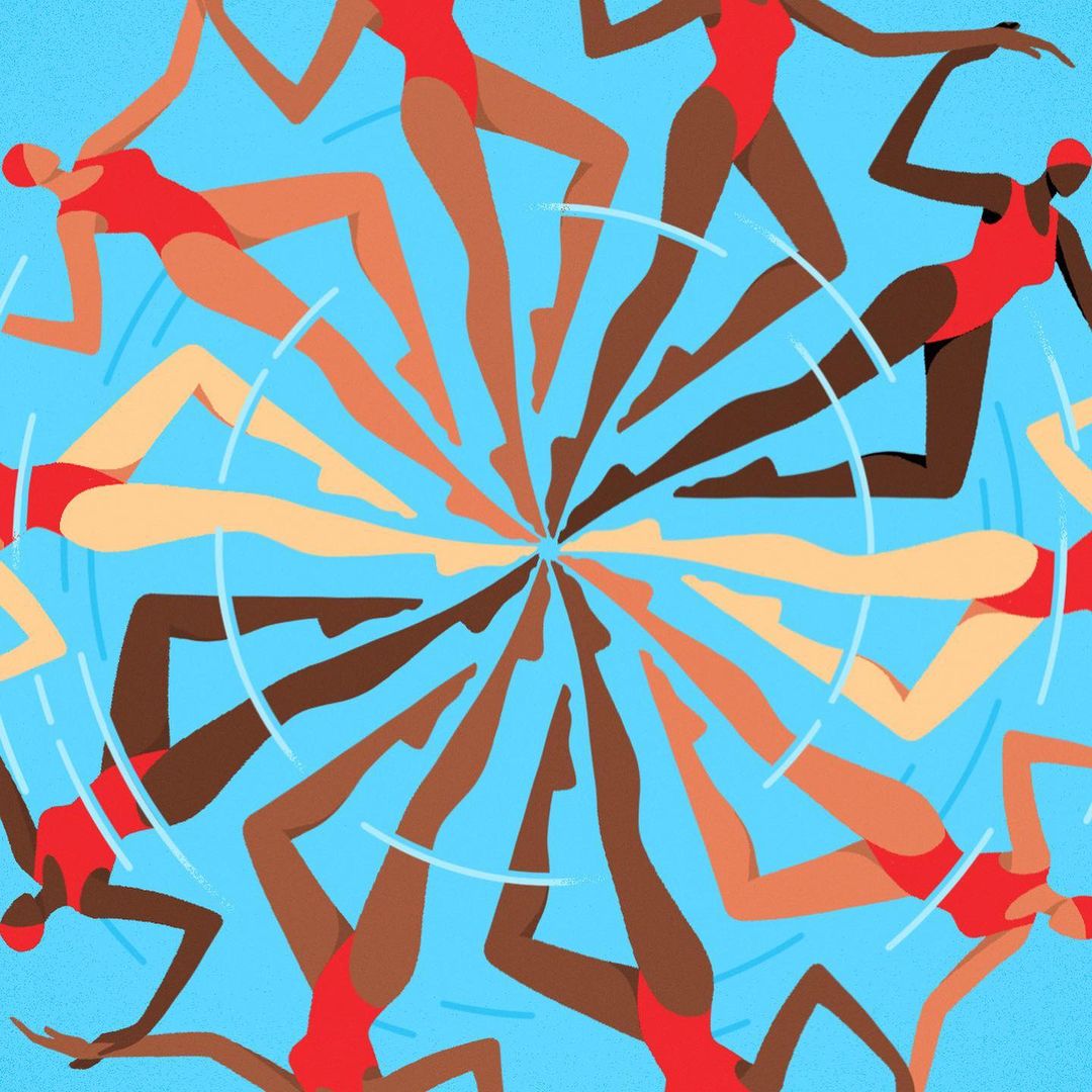 Illustrated pattern of diverse women in red swimsuits performing synchronized swimming against a blue background with curved lines.